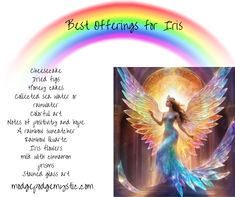 an angel with wings standing in front of a rainbow colored sky and the words best offerings for iris