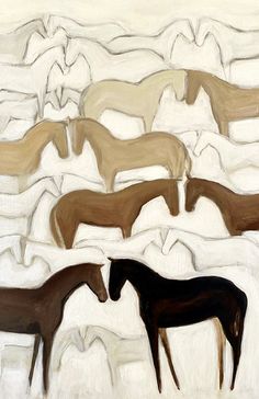 several horses are standing in front of a white background with brown, tan and black colors