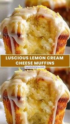 two pictures of lemon cream cheese muffins with icing on top and bottom