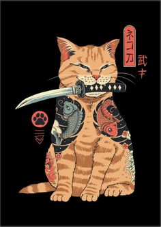 Catana metal poster. A ninja (忍者, Japanese pronunciation: [ɲiꜜɲdʑa]) or shinobi (忍び, [ɕinobi]) was a covert agent or mercenary in feudal Japan. The functions of a ninja included espionage, deception, and surprise attacks. Their covert methods of waging irregular warfare were deemed dishonorable and beneath the honor of the samurai. Though shinobi proper, as specially trained spies and mercenaries, appeared in the 15th century during the Sengoku period. Ninja Cats, Kawaii Tattoo, Japanese Tattoos, Posca Art, Tattoo Graphic, Japanese Artwork, Japanese Cat, Japon Illustration, Art Japonais