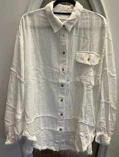 distressed button up in white; Curvy John Proctor, Solo Costume, Distressed Shirt, White Button Down Shirt, White Button Up, Linen Material, White Button Down, Button Shirt, White Shirt