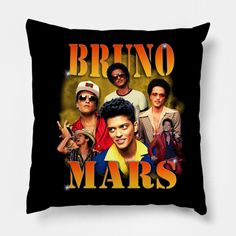 a black pillow with the words brino mars on it and an image of two men