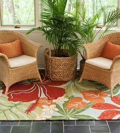 a wicker chair next to a potted plant on a rug in front of a window