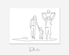 a black and white drawing of a family holding hands