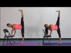 two women doing yoga poses on chairs