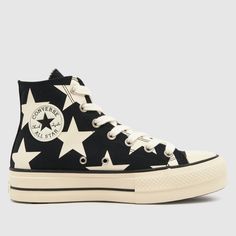 Womens White & Black Converse All Star Lift Hi New Form Trainers | schuh Converse With Stars, Cow Print Converse, Converse Platform Black, Painted Canvas Shoes, Taylor Swift Tour Outfits, Star Converse, Dr Shoes, Converse Star, Pretty Shoes Sneakers