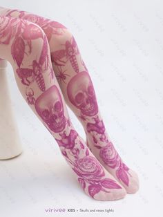 ►► Pink tights with dark print skill and roses pattern. Both sides are printed. The material is super soft Lycra (NOT cotton fits nicely thanks to its comfortable stretch. Beautiful and bright pastel colors. The listing is for ONE pair of tights ❤️❤️❤️ Subscribe and get 15% off in my Etsy shop! http://bit.ly/virivee-discounts Don't miss out! Few letters per year, no spam, unsubscribe anytime. ►► SIZES 4-12 YEARS old girl's sizes available. Please check the size chart (it is the last picture), as Funky Tights, Grunge Pastel, Pink Goth, Cute Tights, Pink Tights, Pastel Grunge, Hot Lingerie, Goth Girl, Skulls And Roses