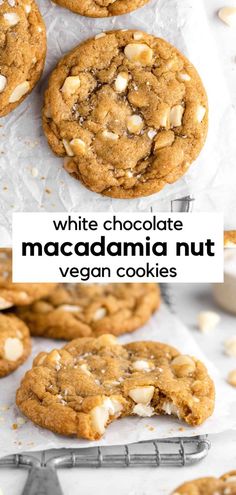 white chocolate macadamia nut vegan cookies on parchment paper with text overlay