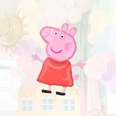 peppa pig in a red dress standing on top of a house surrounded by balloons