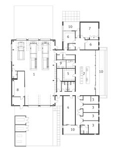 the floor plan for this modern house is very large and has two living areas on each side