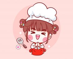 a cartoon girl with a chef's hat on her head and holding a spoon