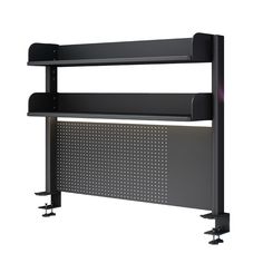 a black wall mounted shelf with two shelves on each side and wheels attached to it