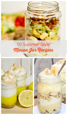 mason jar recipes with lemons, salad and other foods in them for summer - style