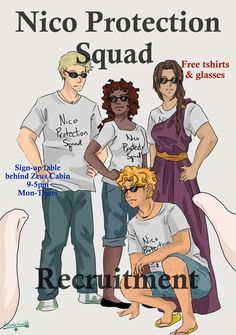 an image of three people wearing t - shirts with the words nico protection squad