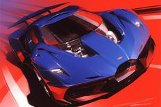 a blue sports car on a red and white background with the hood up in perspective