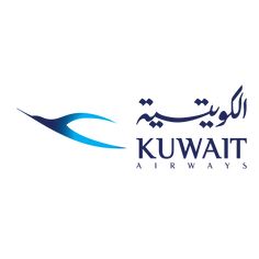 the kuwait airways logo is shown in blue and black letters, with an airplane flying above it