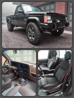 the interior of a black jeep with brown leather seats and steering wheel hubs is shown