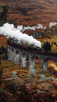 a train traveling over a bridge with steam pouring out of it