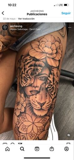 a woman's thigh with a tiger and flowers tattoo on her leg, next to an instagram page