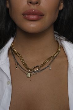 "A beautiful necklace made of gold & silver-plated brass, 3 layers, a thick curb chain made, and two more layers of thin chains. The necklaces are attached behind the back together and also have an extension chain. If you want the chains separately, you can write me a message. The necklace is decorated with a rectangle disc, drop & pearl charm, and is suitable for both evening and morning. SIZE Length : 13.8\" (35 cm) up to 19.8\" (50cm) The measure refers to the first chain Then gradual Layered Necklaces Silver, Necklace Layered, Toggle Necklace, Necklace Layering, Disc Necklace, Layering Necklace, Pearl Charms, Beautiful Necklace, Chain Choker