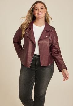 Plus Size Faux Leather Moto Jacket - Plus Size Leather Moto Jacket, Fall Faux Leather Jacket With Asymmetrical Zip, Faux Leather Jacket With Asymmetrical Zip For Fall, Maurices Plus Size, Faux Leather Moto Jacket, Curvy Jeans, Faux Leather Fabric, Leather Moto, Leather Moto Jacket