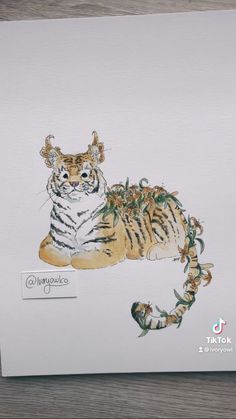 a drawing of a tiger laying down next to another one on the ground with leaves around it