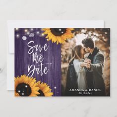 save the date card with sunflowers and purple wood