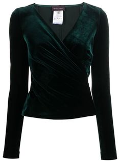 ruched V-neck velvet top from TALBOT RUNHOF featuring dark green, velvet finish, ruched detailing, V-neck and long sleeves. Formal Top, Velvet Evening Dress, Full Sleeve Top, Dark Green Velvet, Velvet T Shirt, Talbot Runhof, Formal Tops