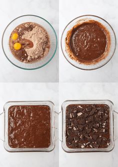 four images showing how to make chocolate fudges in glass bowls, including the batter and ingredients