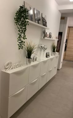 a white shelf with some plants and pictures on it