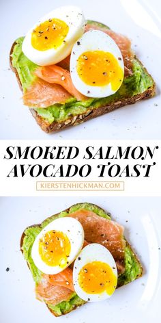 smoked salmon avocado toast with hard boiled eggs on top and an egg in the middle