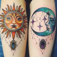 two sun and moon tattoos on both legs, one is showing the same color as the other