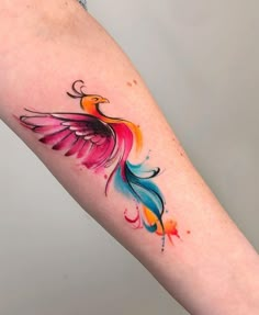 a colorful bird tattoo on the arm