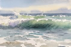 a watercolor painting of waves crashing on the beach