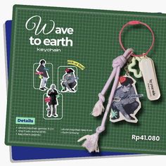 an advertisement for keychain with various items attached to the front and back of it