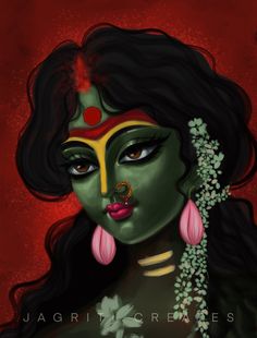 a painting of a woman with green and red makeup