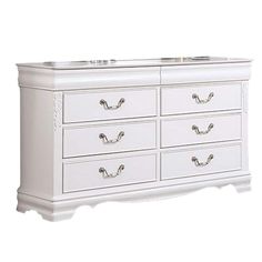 a white dresser with six drawers and two faucets on the top, in front of a white background