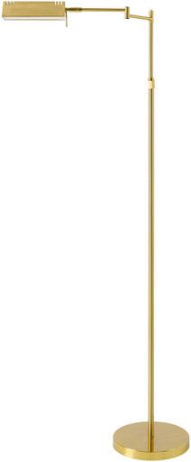 a gold metal floor lamp on a white background, with the light turned on and off