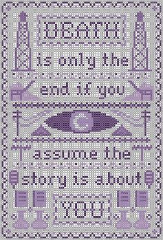 a cross stitch pattern with words and an eye