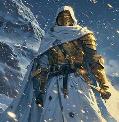 an image of a man dressed in armor walking through the snow with his arms wrapped around him