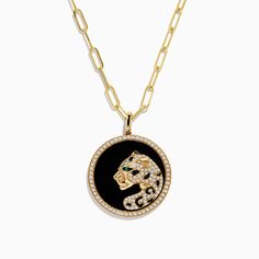 Signature 14K Yellow Gold Onyx, Diamond and Emerald Panther Pendant Elegant Black Medallion Jewelry, Luxury Yellow Gold Necklaces With Black Enamel, Luxury 14k Gold Jewelry With Black Enamel, Luxury Round Onyx Jewelry, Luxury Onyx Jewelry, Gold Round Onyx Jewelry, Black Enamel Round Pendant Jewelry, Gold Onyx Round Jewelry, Black Medallion Jewelry With Polished Finish