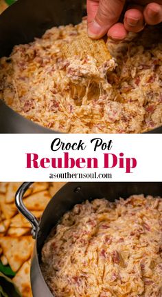 a person scooping some food out of a pot with the words crock pot reuben dip above it