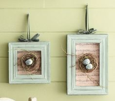 two framed pictures hanging on the wall next to each other with birds'nests in them