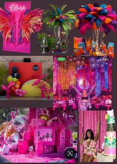 a collage of pink and orange decorations, including balloons, candles, and other items