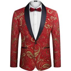 *Stylish Design - Fashion Floral Dinner&Wedding Suit Jacket, With Contrast Color Shawl Lapel, Two Front Pockets, One Chest Pocket, Two Inner Pocket And Single Button Closure. Unique Embroidered Pattern With Golden Thread Make The Jacket Luxury And Decent. *Clothing Match - The Luxury Paisley Floral Tuxedo Jacket Could Be Wear With Dress Shirt, Tie Or Bowtie, Black Slim Fit Dress Pants Or Skinny Suit Pants For A Modern Look. *Occasion - Ideal For Banquet, Wedding, Graduation, Nightclub, Disco, Ce Red And Gold Groom Suit, Red Black And Gold Mens Suit, Black Slim Fit Dress Pants, Red Long Sleeve Semi-formal Tuxedo, Red Gold-embroidered Fabric For Wedding, Paisley Tuxedo Jacket, Floral Tuxedo, Banquet Wedding, Slim Fit Dress Pants