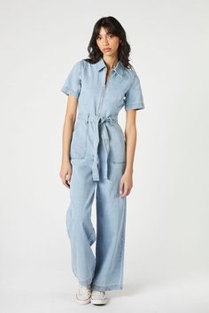 Utility Short Sleeve Denim Jumpsuit With Pockets, Utility Denim Jumpsuit With Short Sleeves And Pockets, Utility Denim Jumpsuit With Pockets And Short Sleeves, Short Sleeve Denim Utility Jumpsuit For Workwear, Utility Style Denim Jumpsuit With Short Sleeves For Work, Short Sleeve Cotton Denim Jumpsuit With Pockets, Cotton Denim Jumpsuit With Pockets, Short-sleeve Denim Jumpsuit With Pockets, Cotton Denim Jumpsuit With Short Sleeves