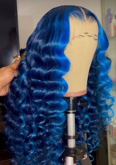 Multi Colored Wigs For Black Women, Royal Blue Wigs For Black Women, Blue Frontal Wig Hairstyles, Custom Wigs For Black Women, Colored Wig Installs, Cute Wig Colors, Colored Deep Wave Wig, Blue Wig Hairstyles, Wig Crimped