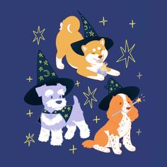 three dogs wearing witches hats and holding wands in their mouths on a blue background