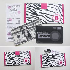 the zebra print wallet is being used as a credit card holder and money clipping