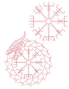 a drawing of a dragon sitting on top of a wheel with symbols in the background